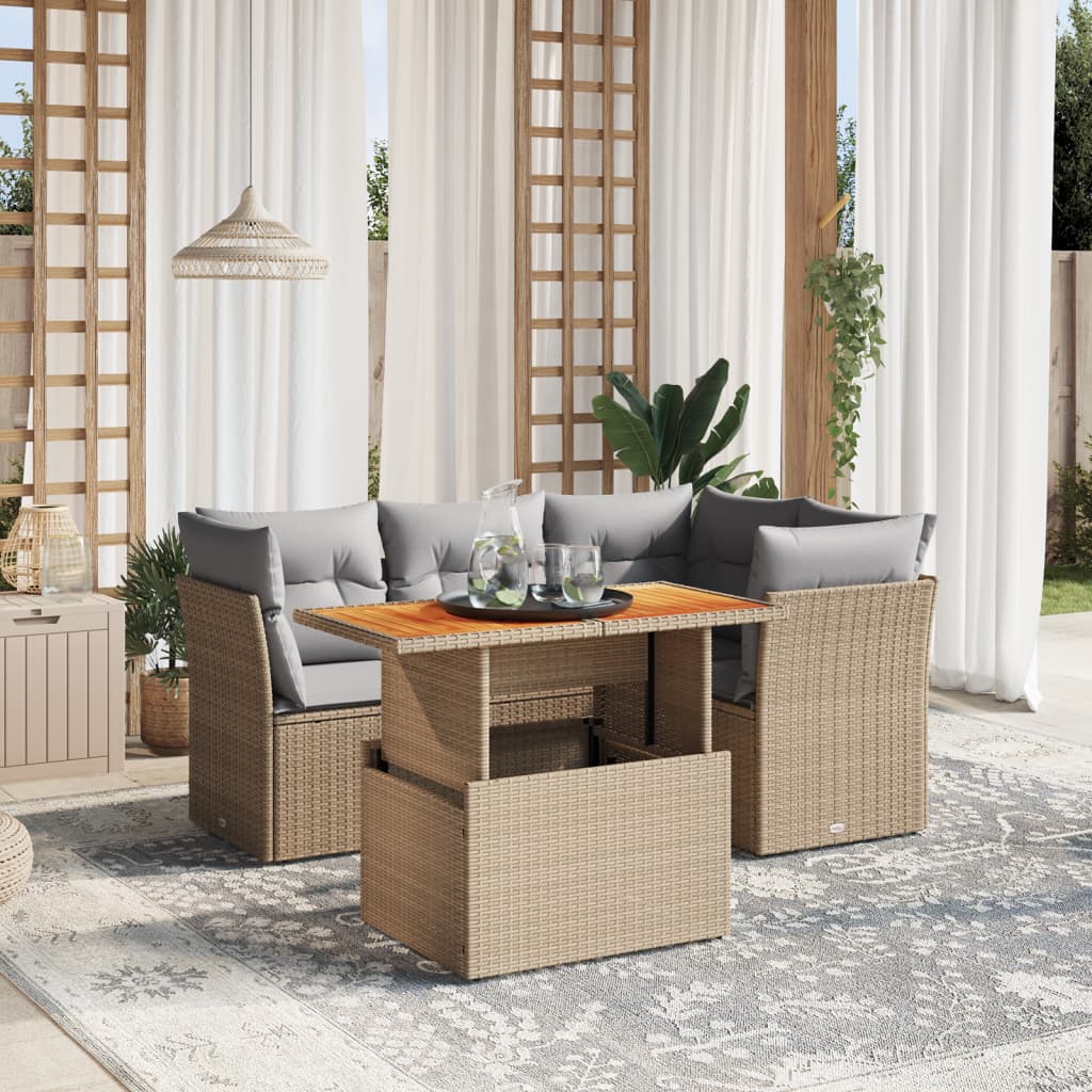 5 Pcs conjunto de sofás p/ jardim com almofadões vime PE bege