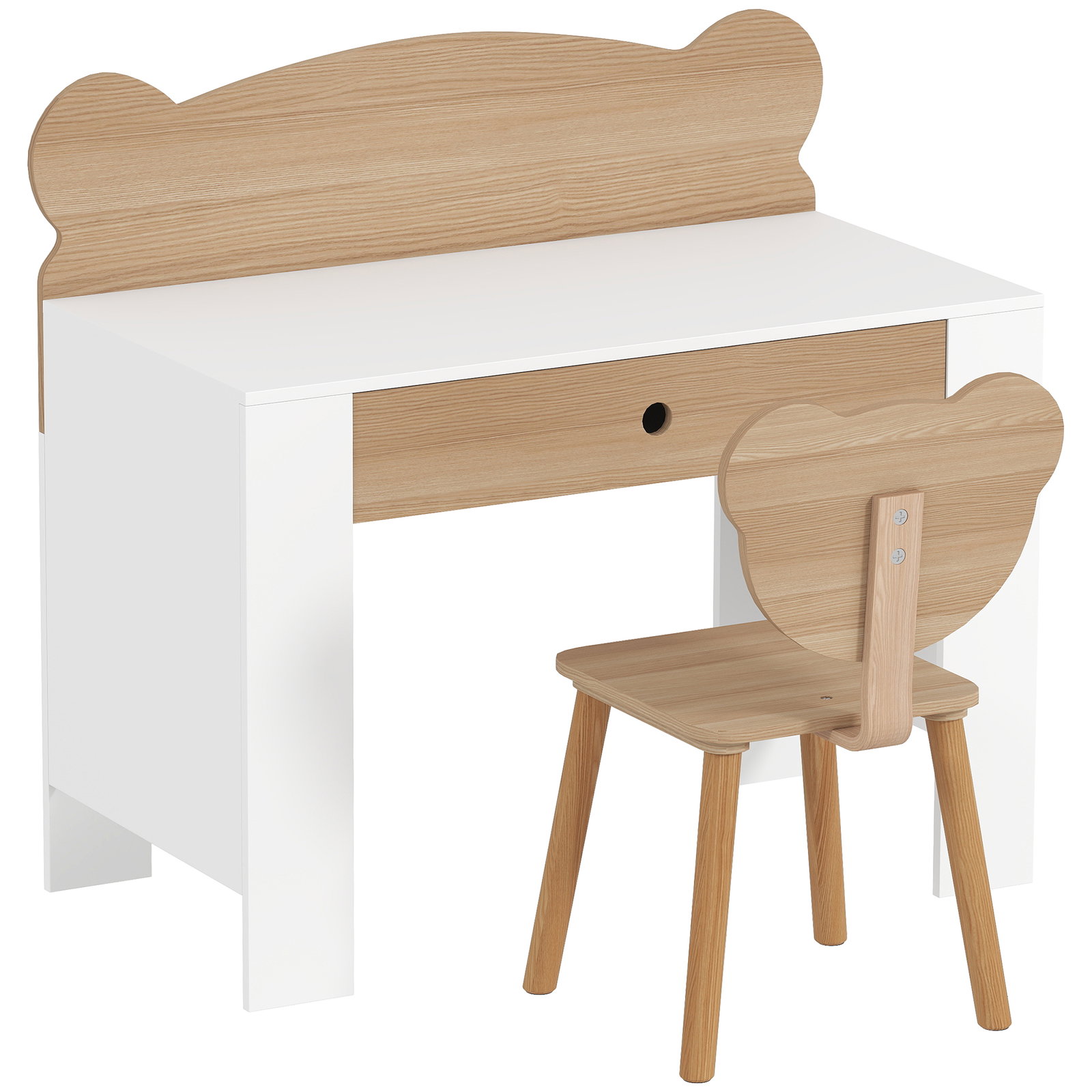 Secretária para crianças com cadeira em forma de ursinho secretária infantil com gaveta para estudar ler e desenhar branco e madeira