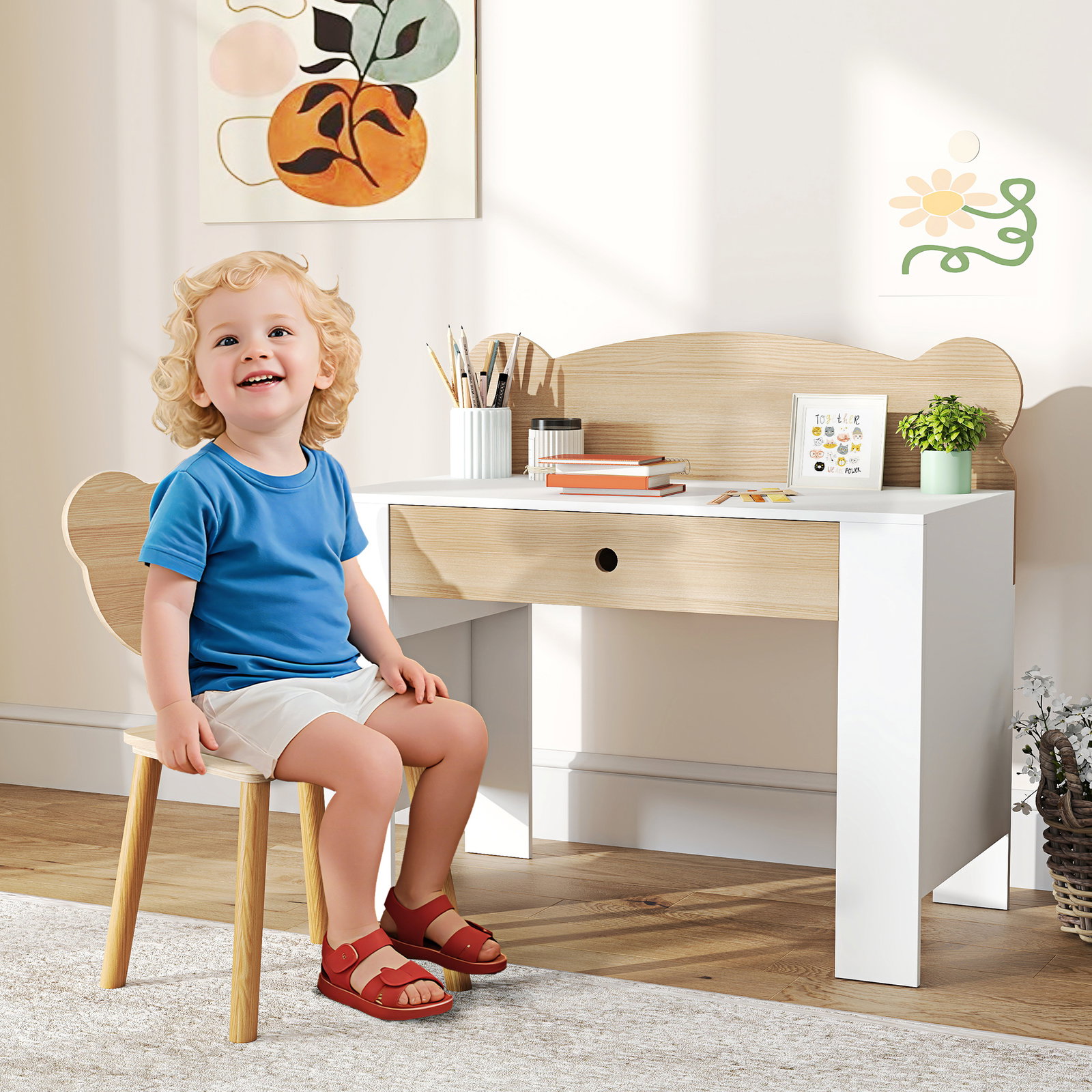 Secretária para crianças com cadeira em forma de ursinho secretária infantil com gaveta para estudar ler e desenhar branco e madeira