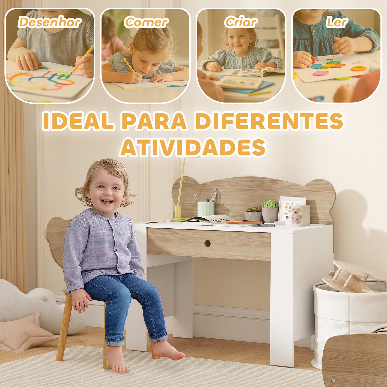 Secretária para crianças com cadeira em forma de ursinho secretária infantil com gaveta para estudar ler e desenhar branco e madeira