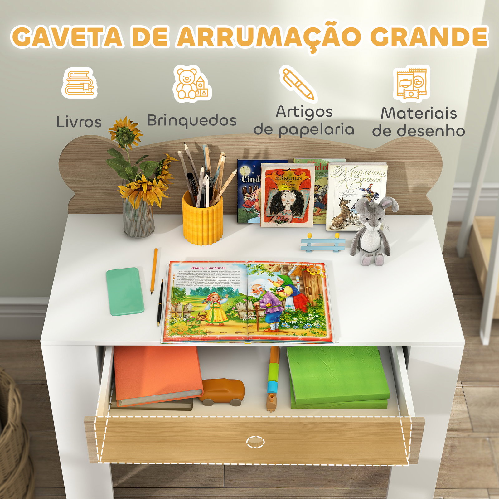 Secretária para crianças com cadeira em forma de ursinho secretária infantil com gaveta para estudar ler e desenhar branco e madeira