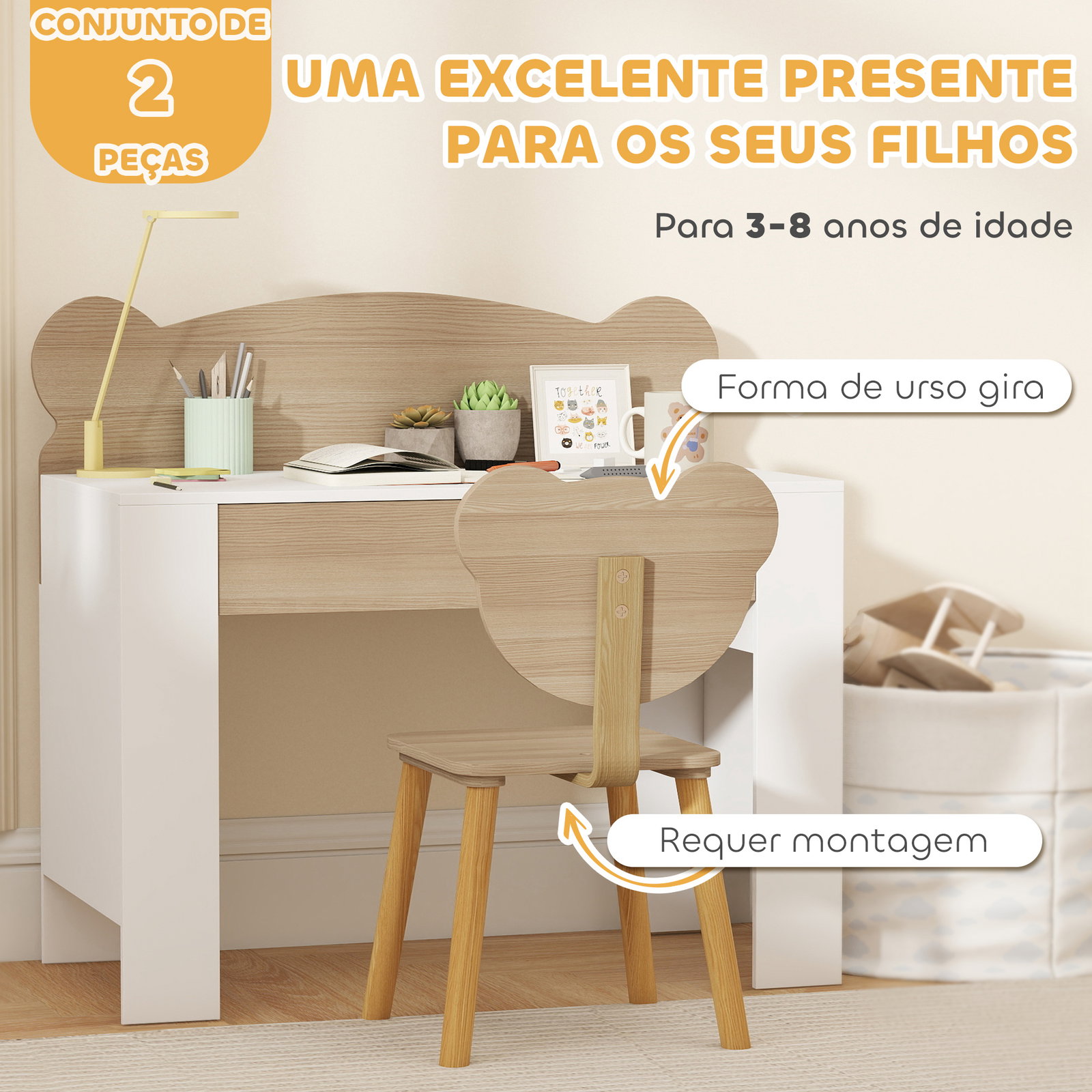 Secretária para crianças com cadeira em forma de ursinho secretária infantil com gaveta para estudar ler e desenhar branco e madeira