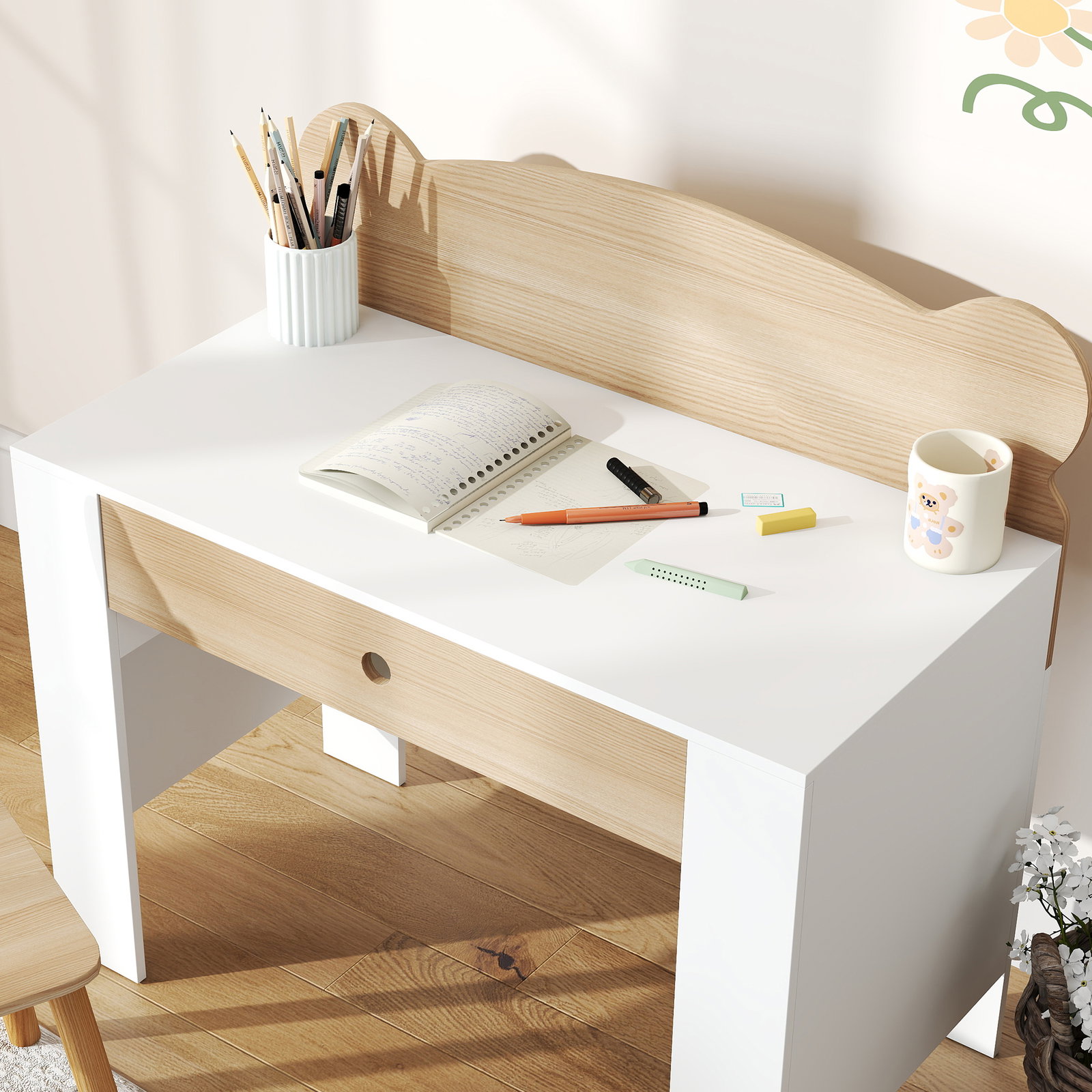 Secretária para crianças com cadeira em forma de ursinho secretária infantil com gaveta para estudar ler e desenhar branco e madeira