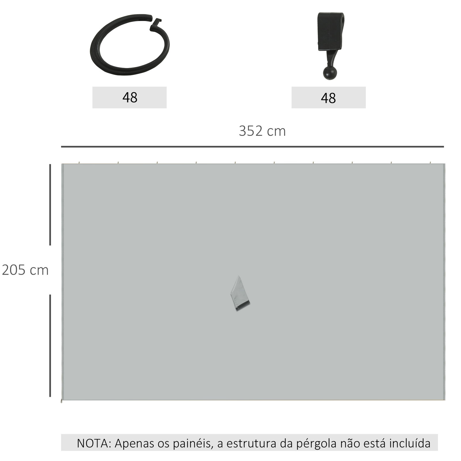 4 Paredes Laterais para Tenda 352x205 cm Laterais para Tenda Universal com Ganchos e Argola em C para Tenda Cinza Claro