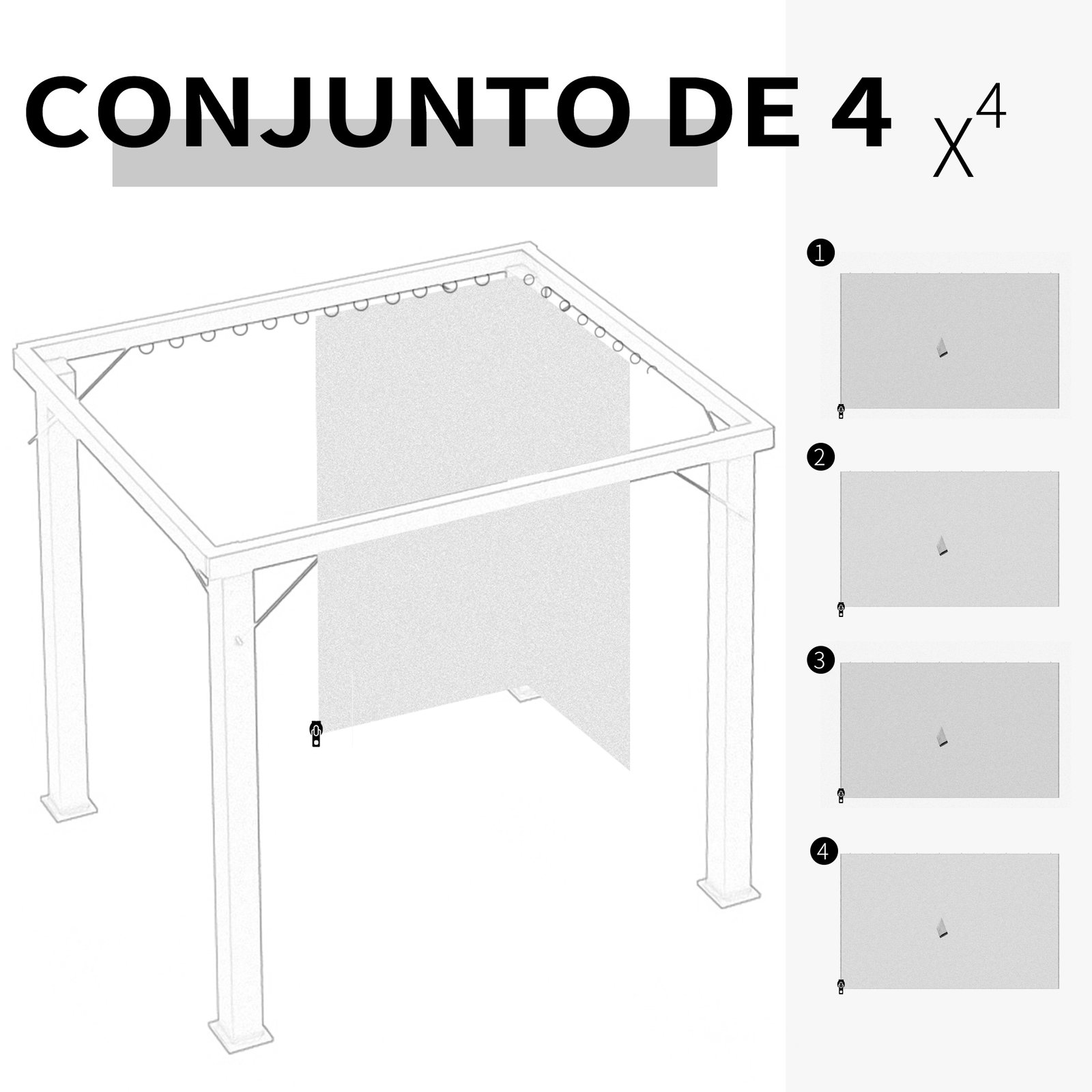 4 Paredes Laterais para Tenda 352x205 cm Laterais para Tenda Universal com Ganchos e Argola em C para Tenda Cinza Claro