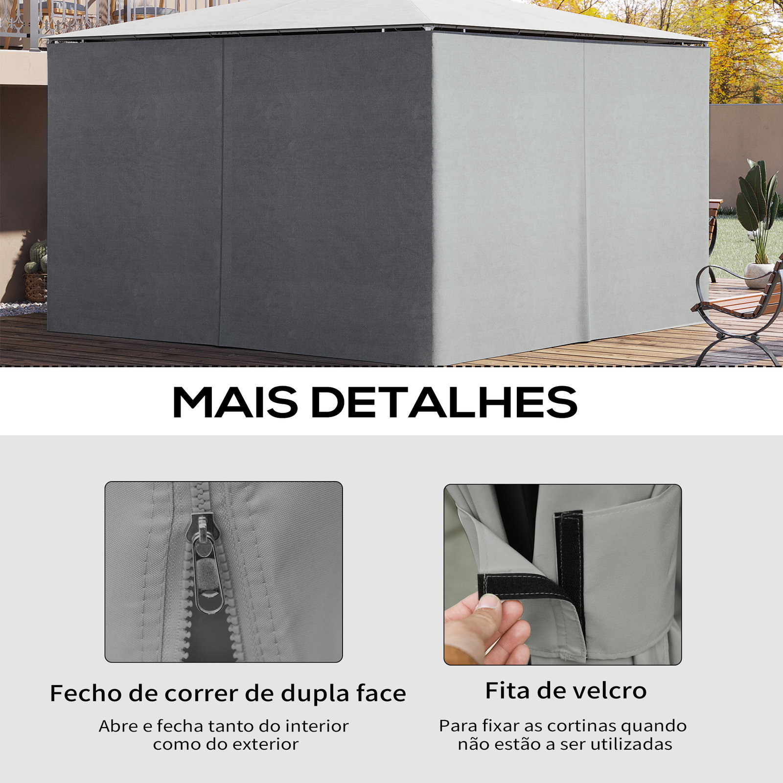 4 Paredes Laterais para Tenda 352x205 cm Laterais para Tenda Universal com Ganchos e Argola em C para Tenda Cinza Claro