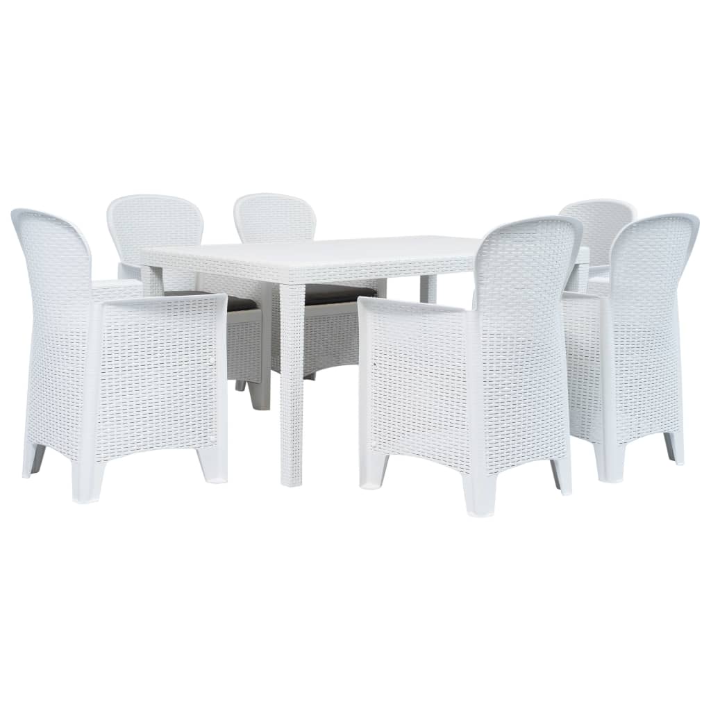 Conj. jantar p/ exterior 7 pcs plástico branco aspeto de vime