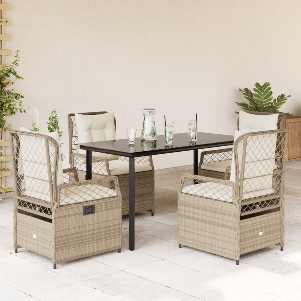5 Pcs conjunto de jantar p/ jardim com almofadões vime PE bege