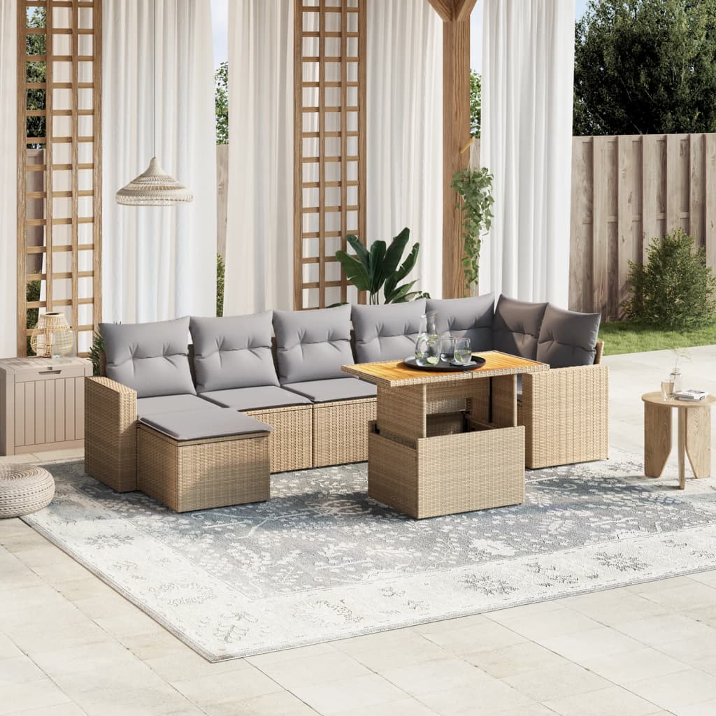 8 Pcs conjunto de sofás p/ jardim com almofadões vime PE bege