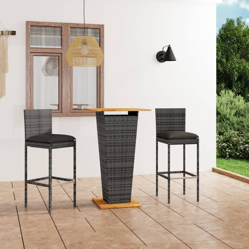 3 Pcs conjunto de bar p/ jardim c/ almofadões vime PE cinzento