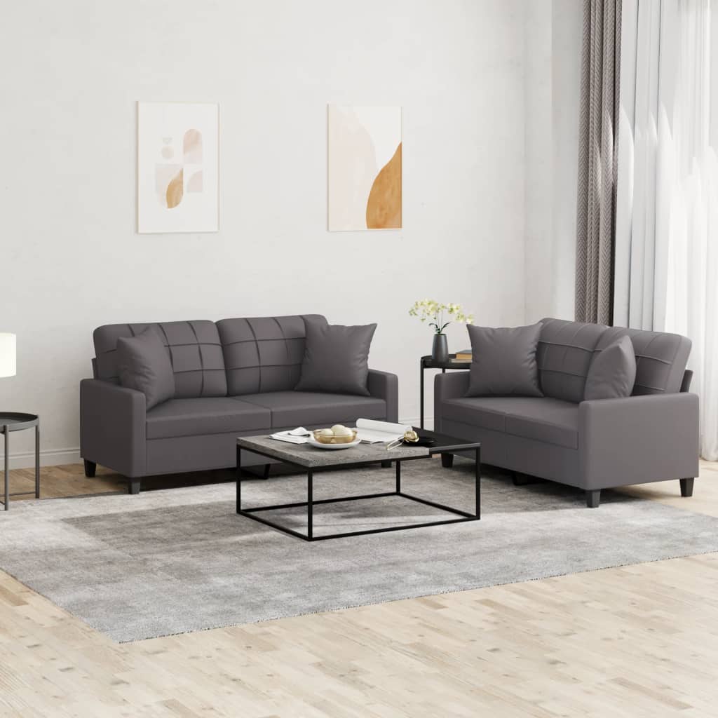 2 Pcs conjunto de sofás com almofadas couro artificial cinzento