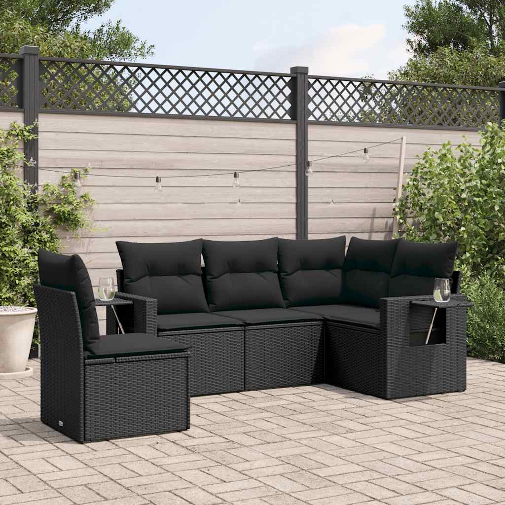 5 Pcs conjunto sofás de jardim com almofadões vime PE preto