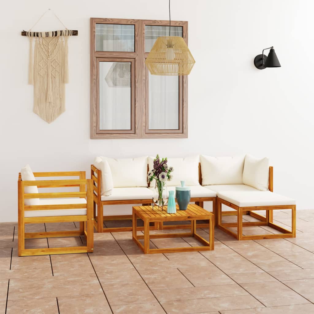 6 Pcs conjunto lounge jardim c/ almofadões acácia maciça creme