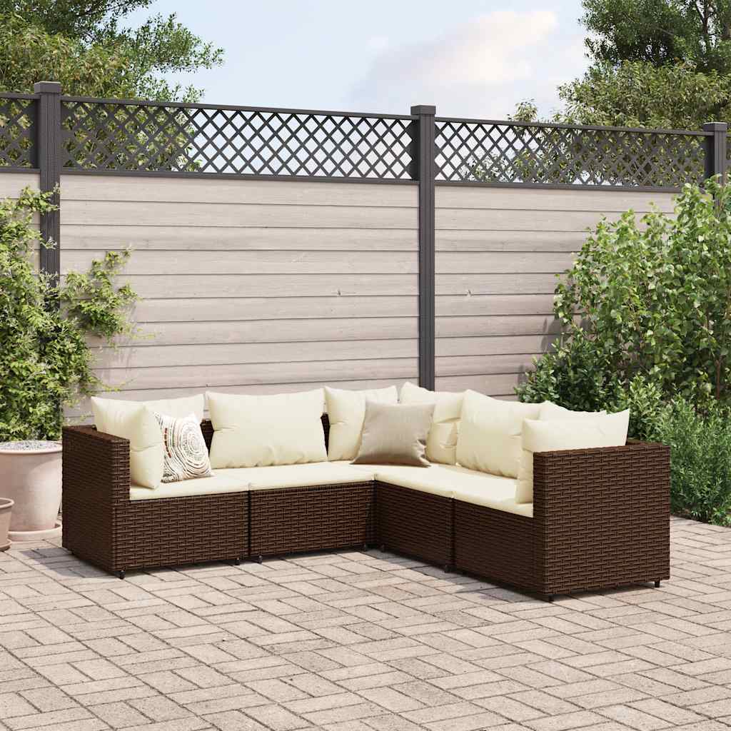 5 Pcs conjunto lounge jardim c/ almofadões vime PE castanho