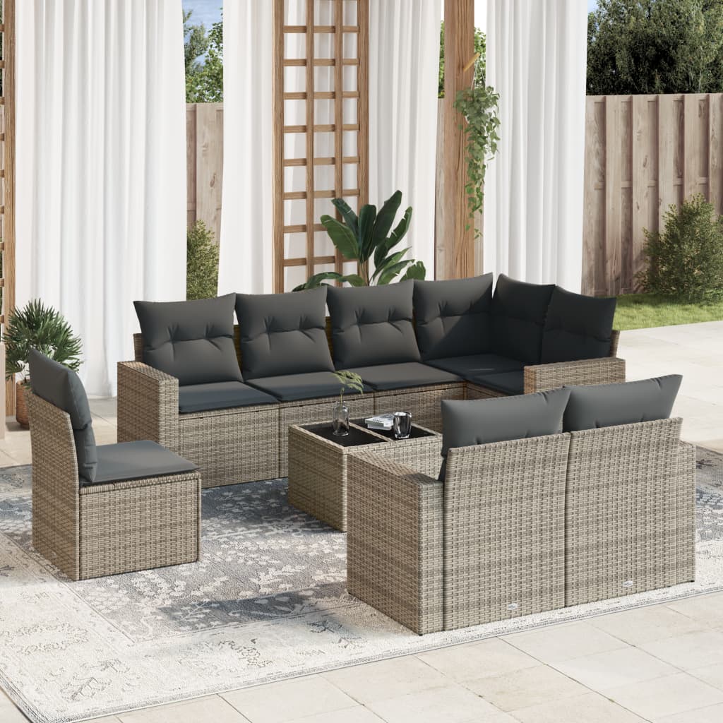9 Pcs conjunto sofás p/ jardim com almofadões vime PE cinzento
