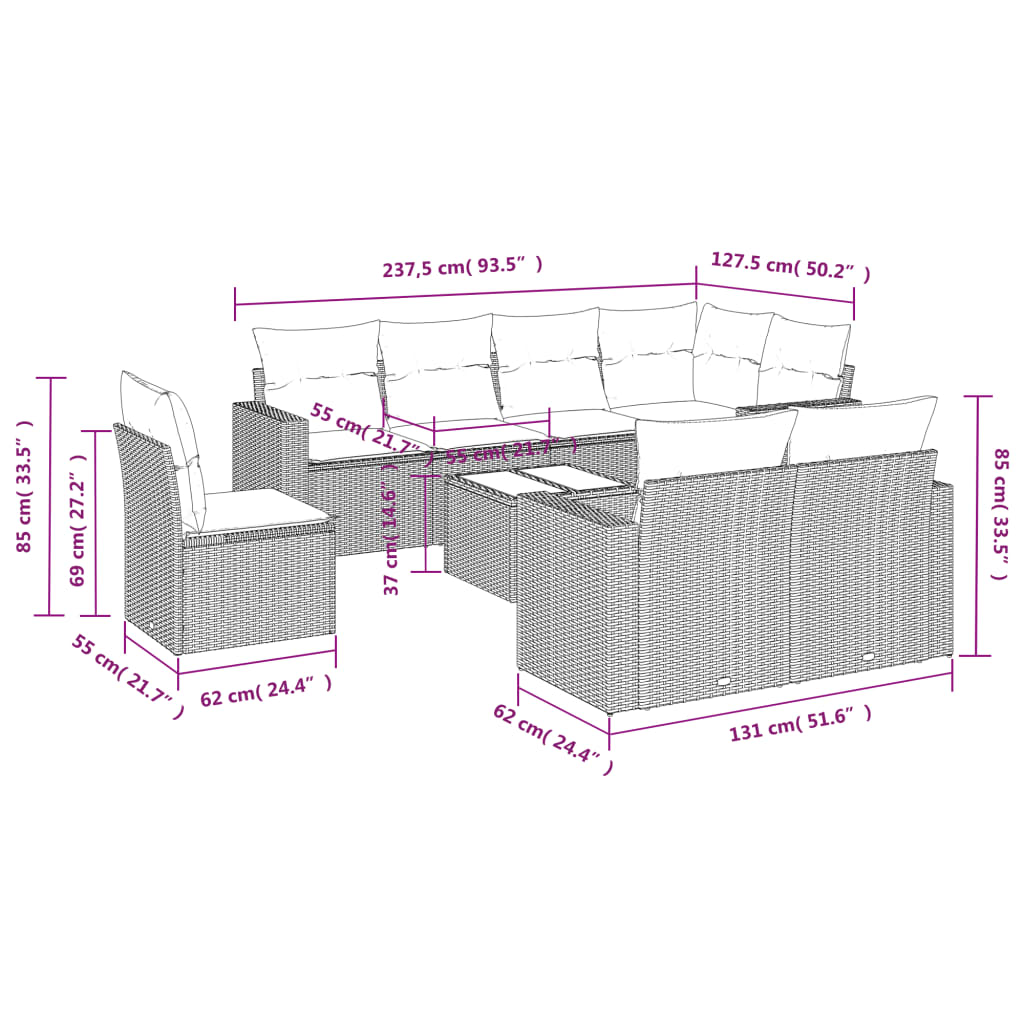 9 Pcs conjunto sofás p/ jardim com almofadões vime PE cinzento