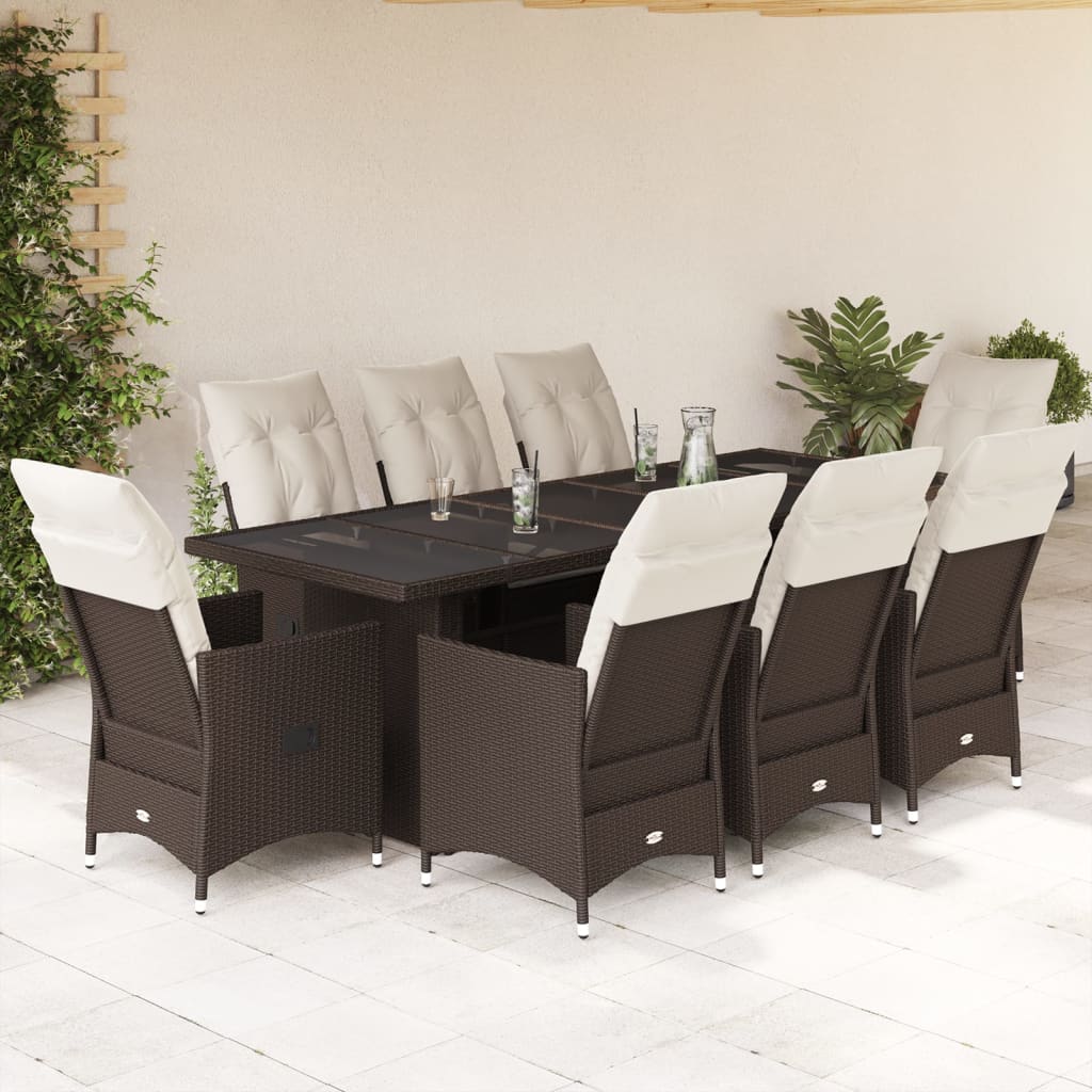 9 Pcs conjunto bistrô de jardim c/ almofadões vime PE castanho