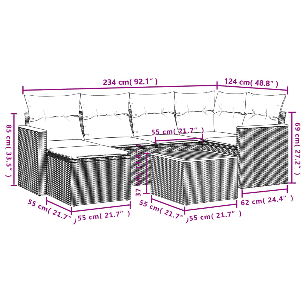 7 Pcs conjunto de sofás p/ jardim com almofadões vime PE bege
