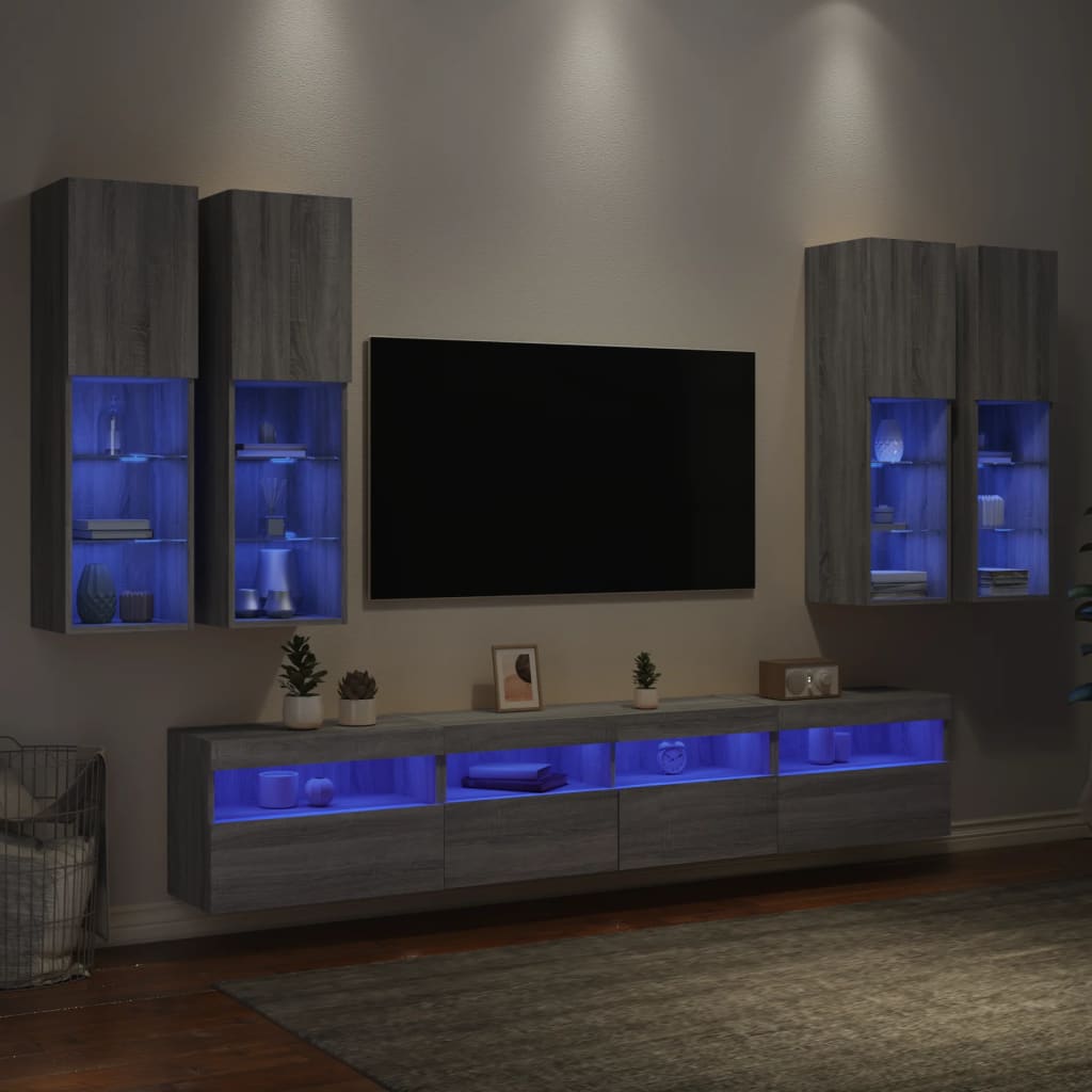 7 Pcs conj. móveis de parede p/ TV c/ luzes LED cinzento sonoma