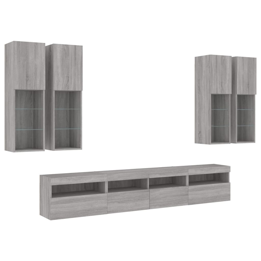 7 Pcs conj. móveis de parede p/ TV c/ luzes LED cinzento sonoma