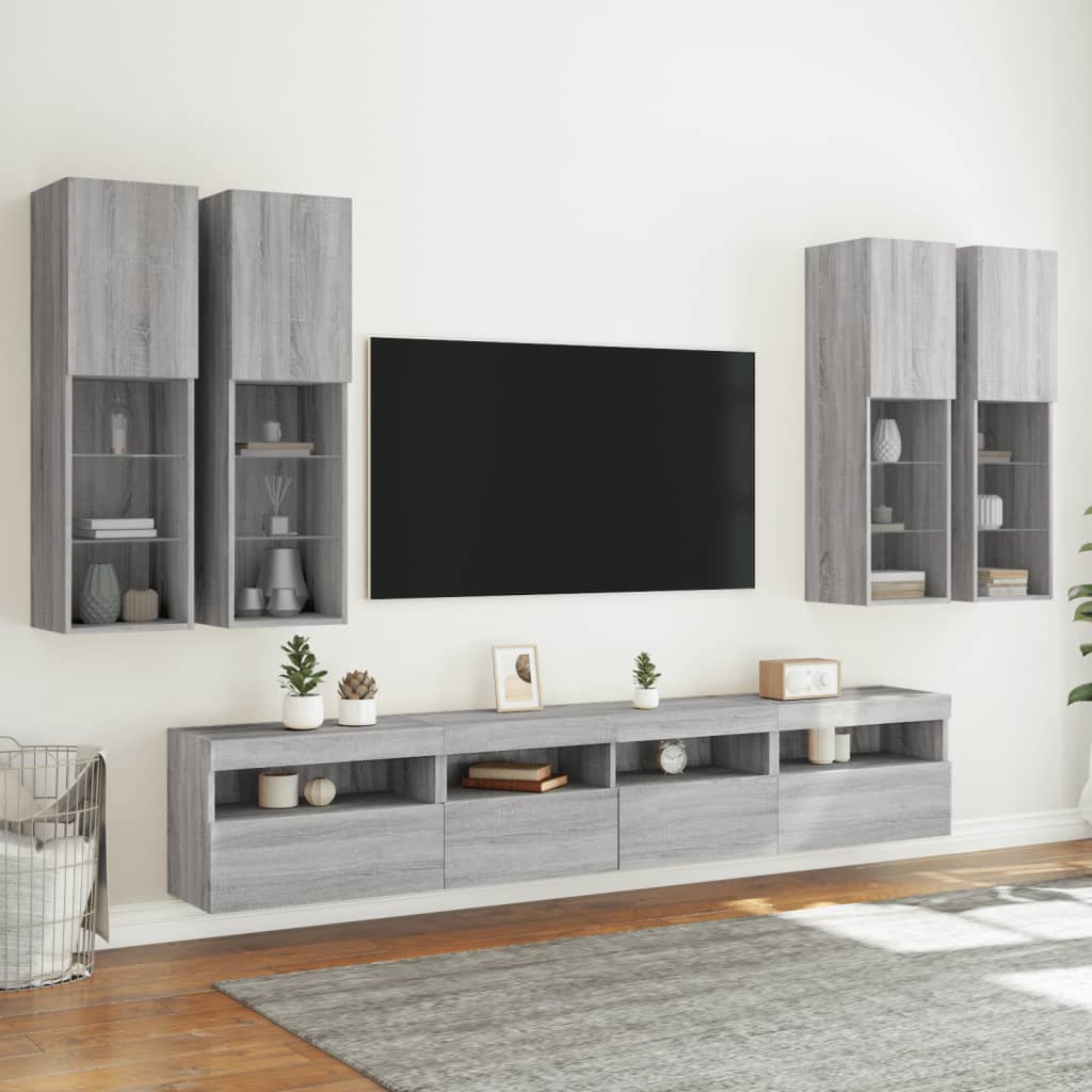 7 Pcs conj. móveis de parede p/ TV c/ luzes LED cinzento sonoma