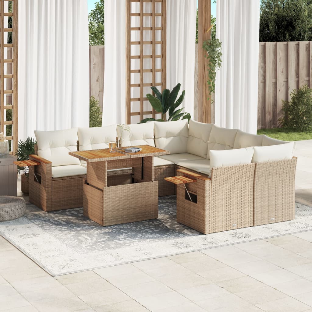 9 Pcs conjunto de sofás p/ jardim com almofadões vime PE bege