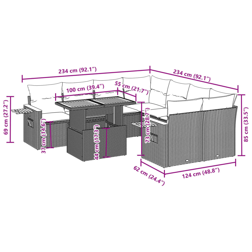 9 Pcs conjunto de sofás p/ jardim com almofadões vime PE bege