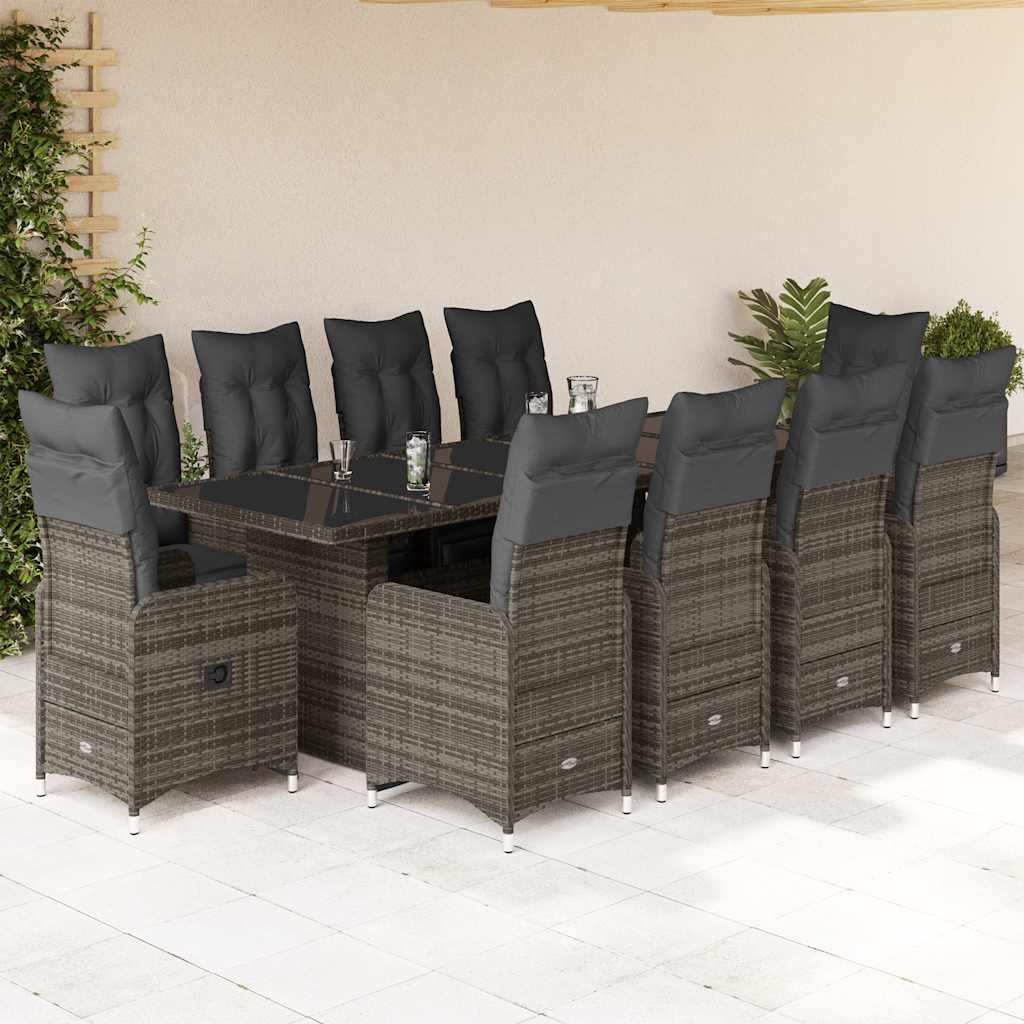 11 Pcs conjunto bistrô de jardim c/ almofadões vime PE cinzento