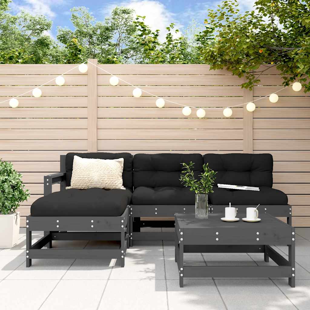 5Pcs conjunto lounge jardim com almofadões madeira maciça cinza