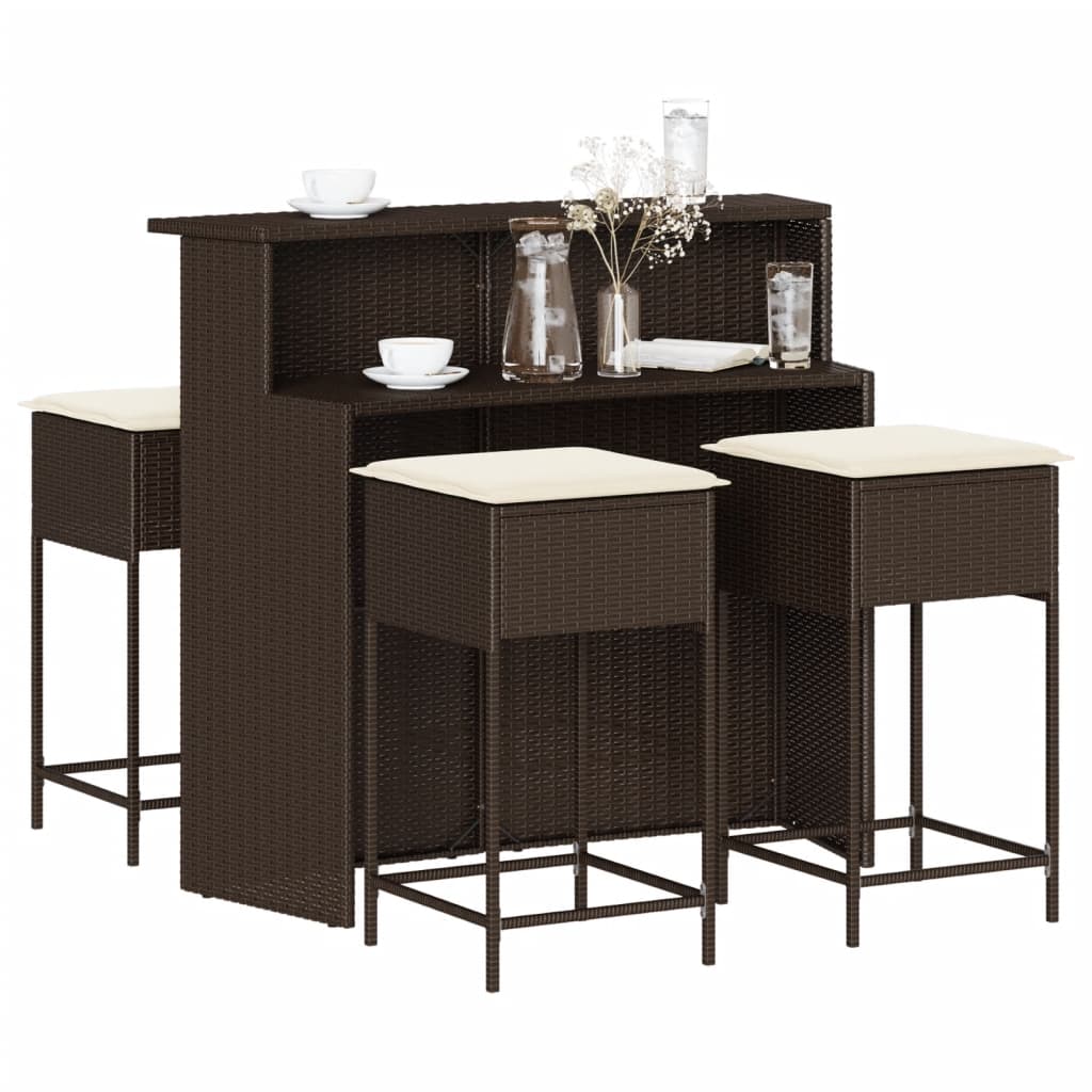 5 Pcs conjunto de bar p/ jardim c/ almofadões vime PE castanho