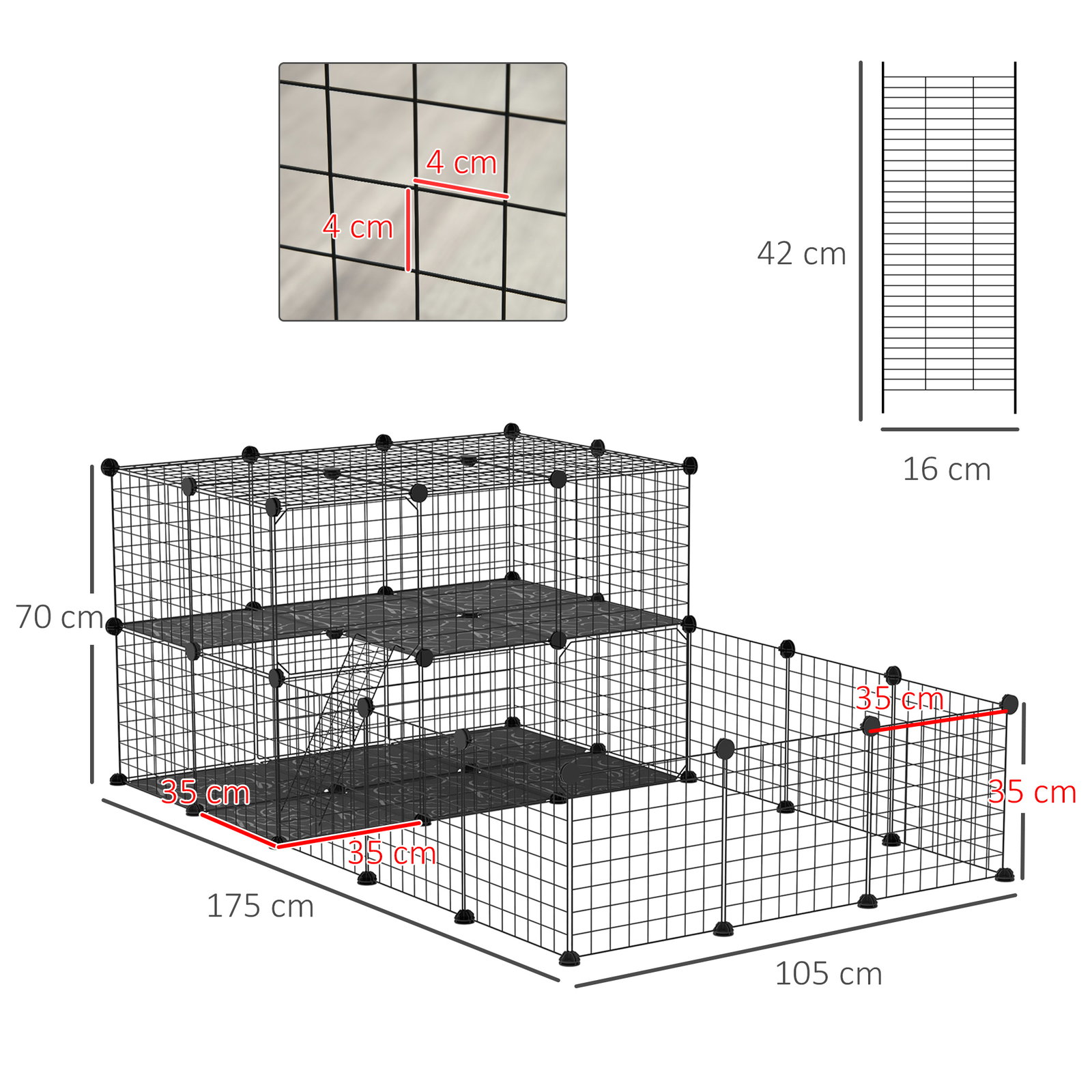 Recinto para Pequenos Animais Recinto Metálico para Animais com Forma Personalizável para Coelhos Porquinho da Índia 175x105x70