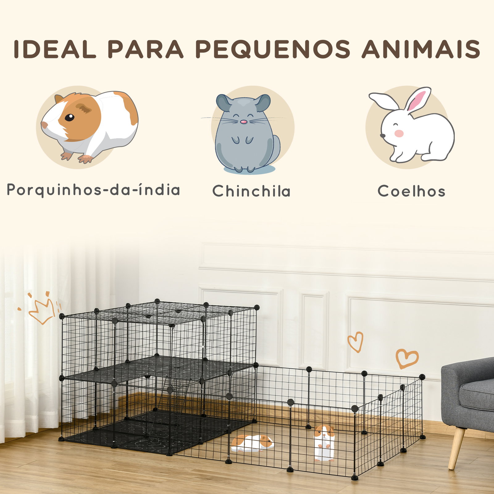 Recinto para Pequenos Animais Recinto Metálico para Animais com Forma Personalizável para Coelhos Porquinho da Índia 175x105x70