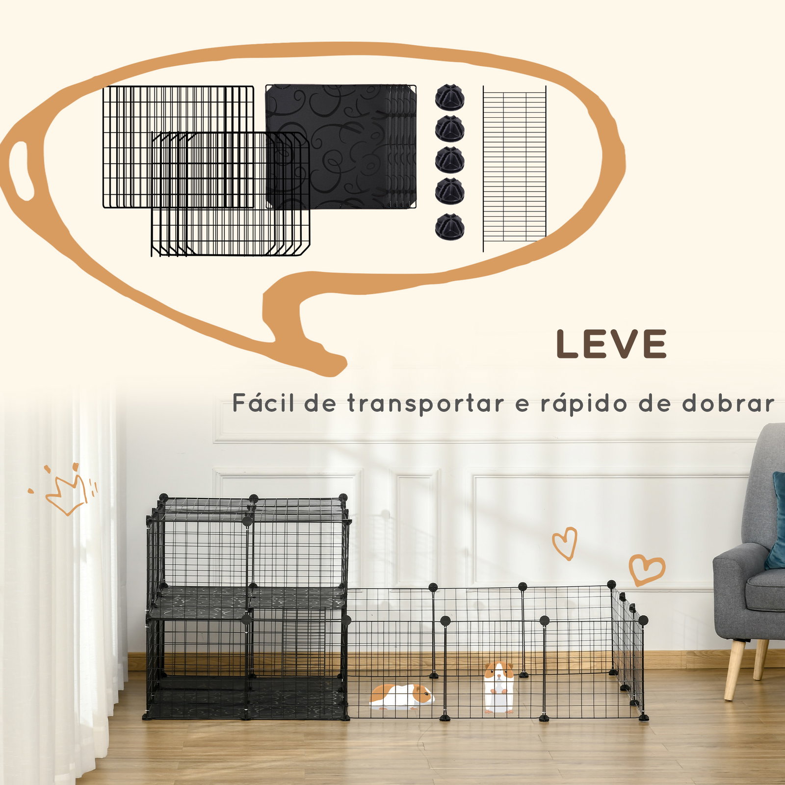 Recinto para Pequenos Animais Recinto Metálico para Animais com Forma Personalizável para Coelhos Porquinho da Índia 175x105x70