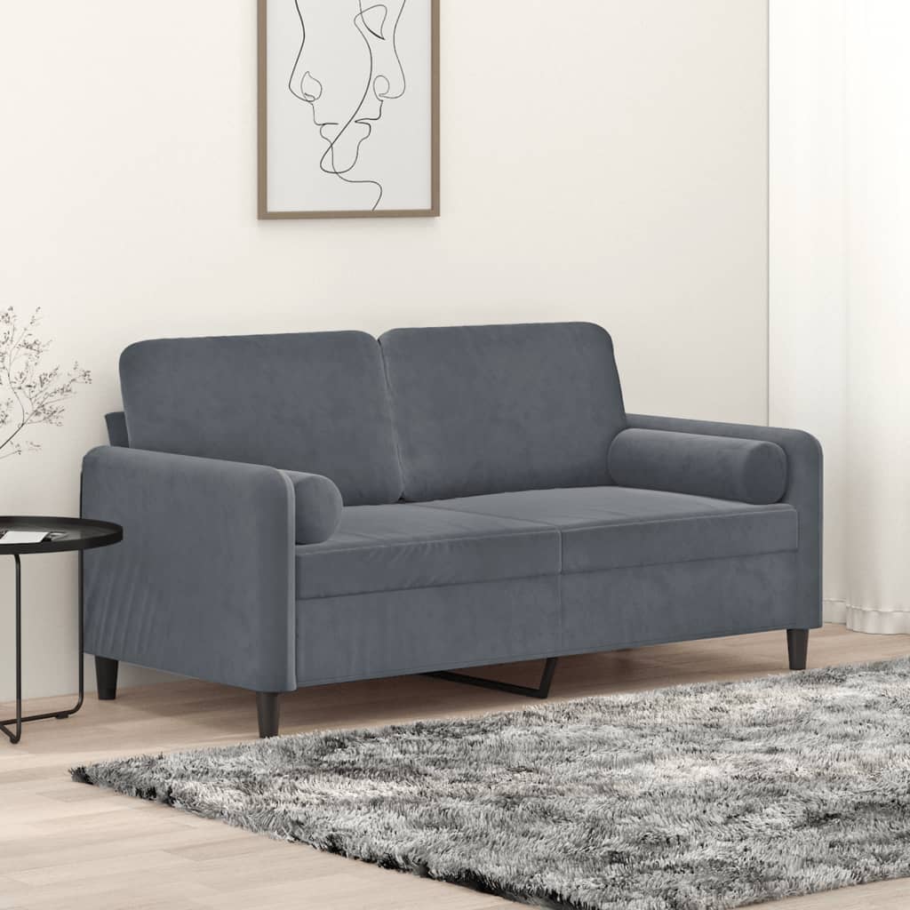 Sofá 2 lug. c/ almofadas decorativas 140 cm veludo cinza-escuro