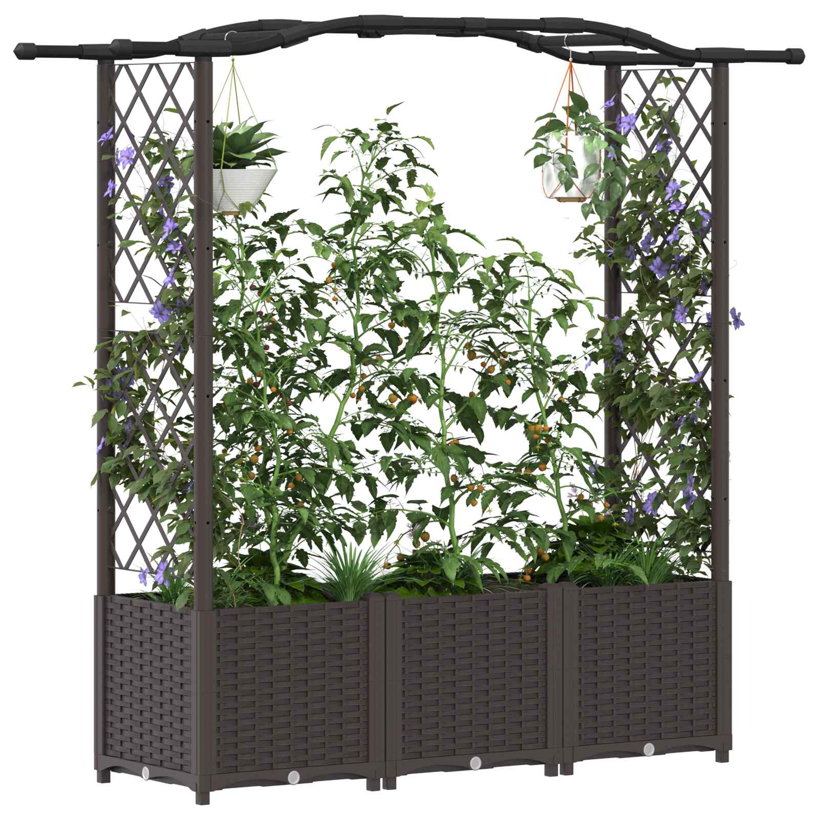 Cama elevada com treliça e telhado castanho 164 x 40 x 138 cm