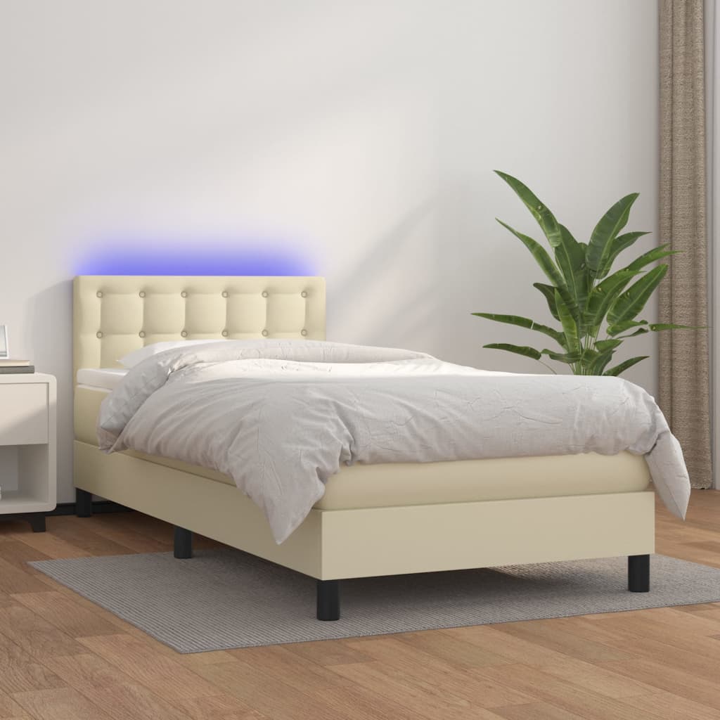 Cama box spring c/ colchão/LED 100x200cm couro artificial creme