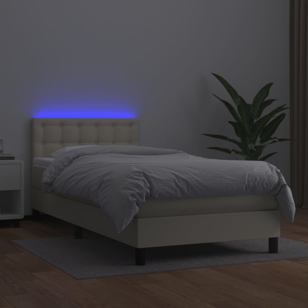 Cama box spring c/ colchão/LED 100x200cm couro artificial creme