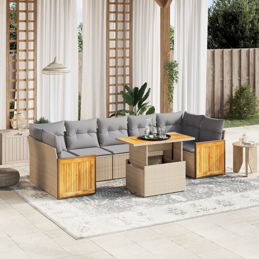 8 Pcs conjunto de sofás p/ jardim com almofadões vime PE bege