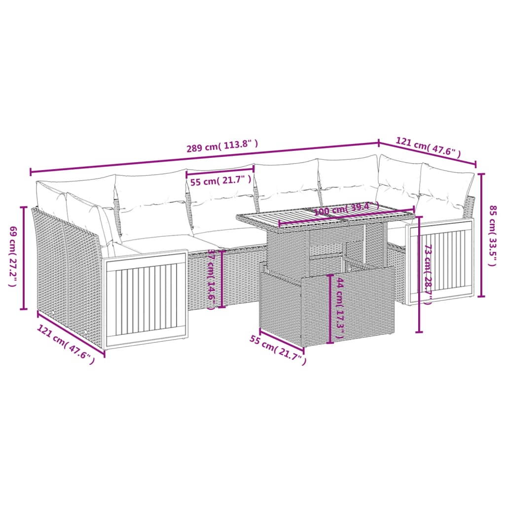 8 Pcs conjunto de sofás p/ jardim com almofadões vime PE bege