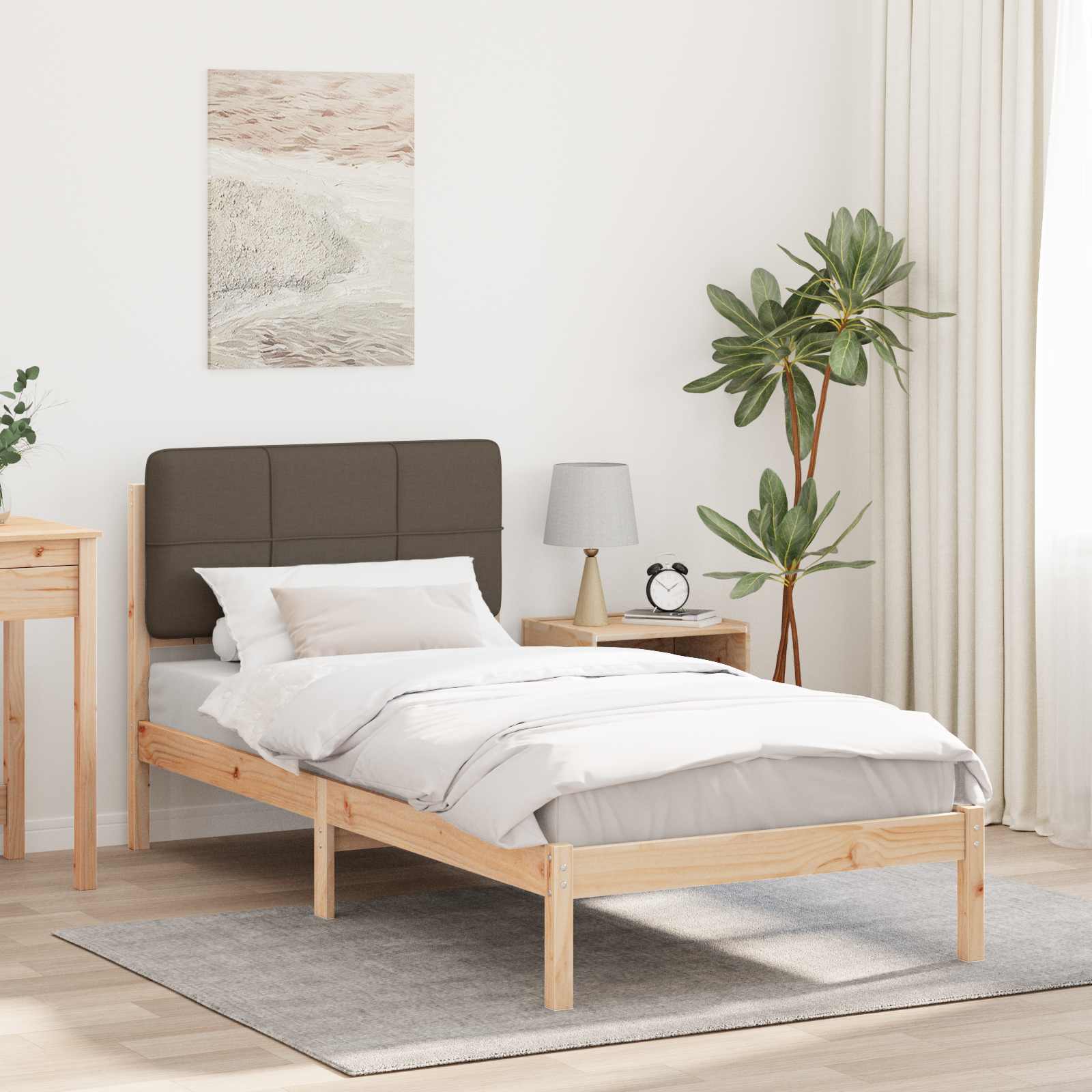 Estrutura de cama com cabeceira estofada cinzento-acastanhado