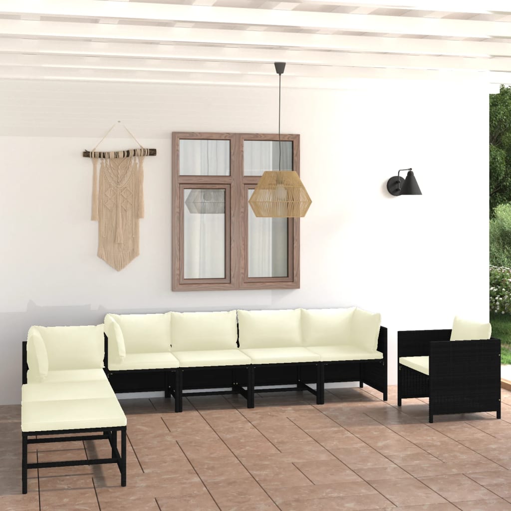 8 Pcs conjunto lounge de jardim c/ almofadões vime PE preto