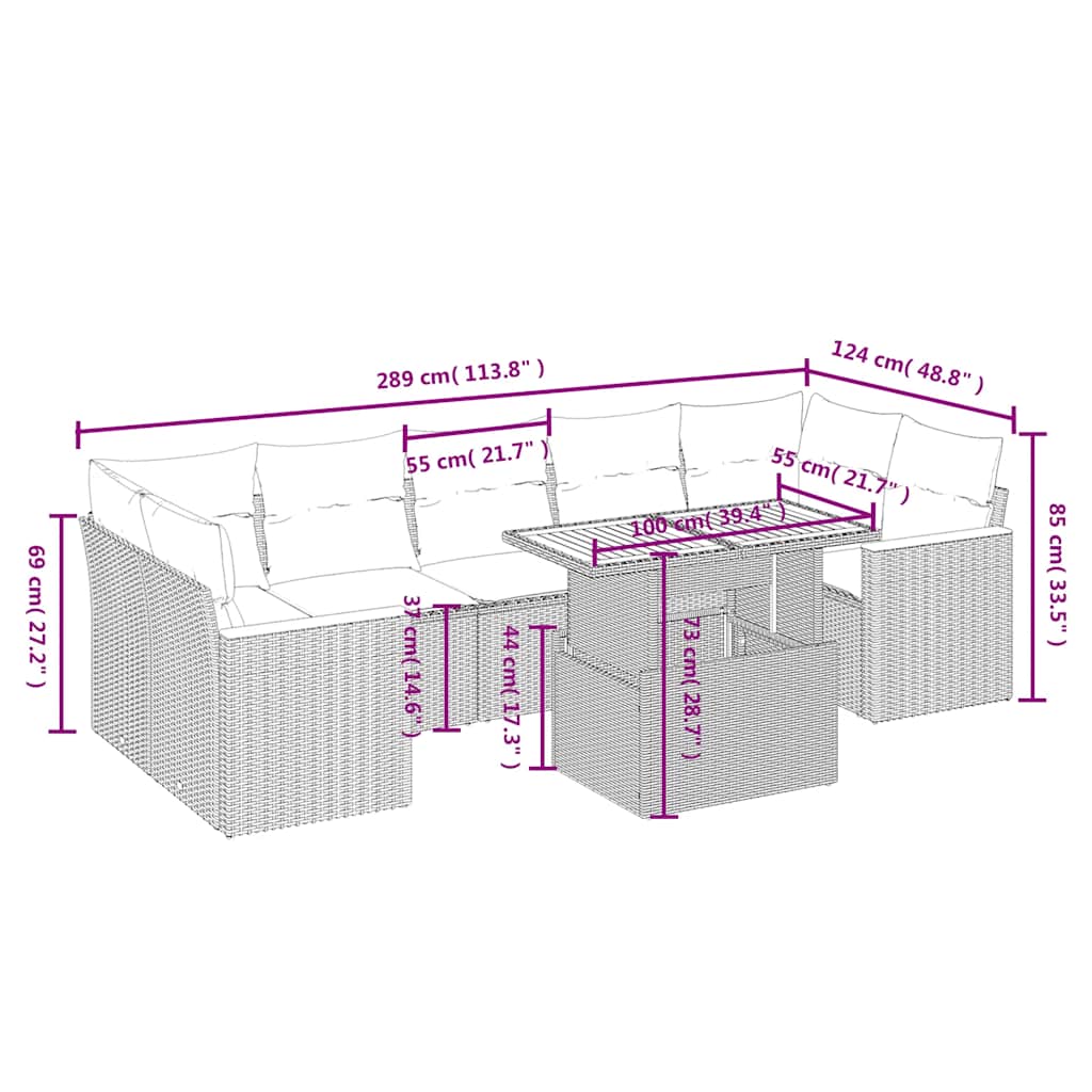 8 Pcs conjunto sofás de jardim com almofadões vime PE preto
