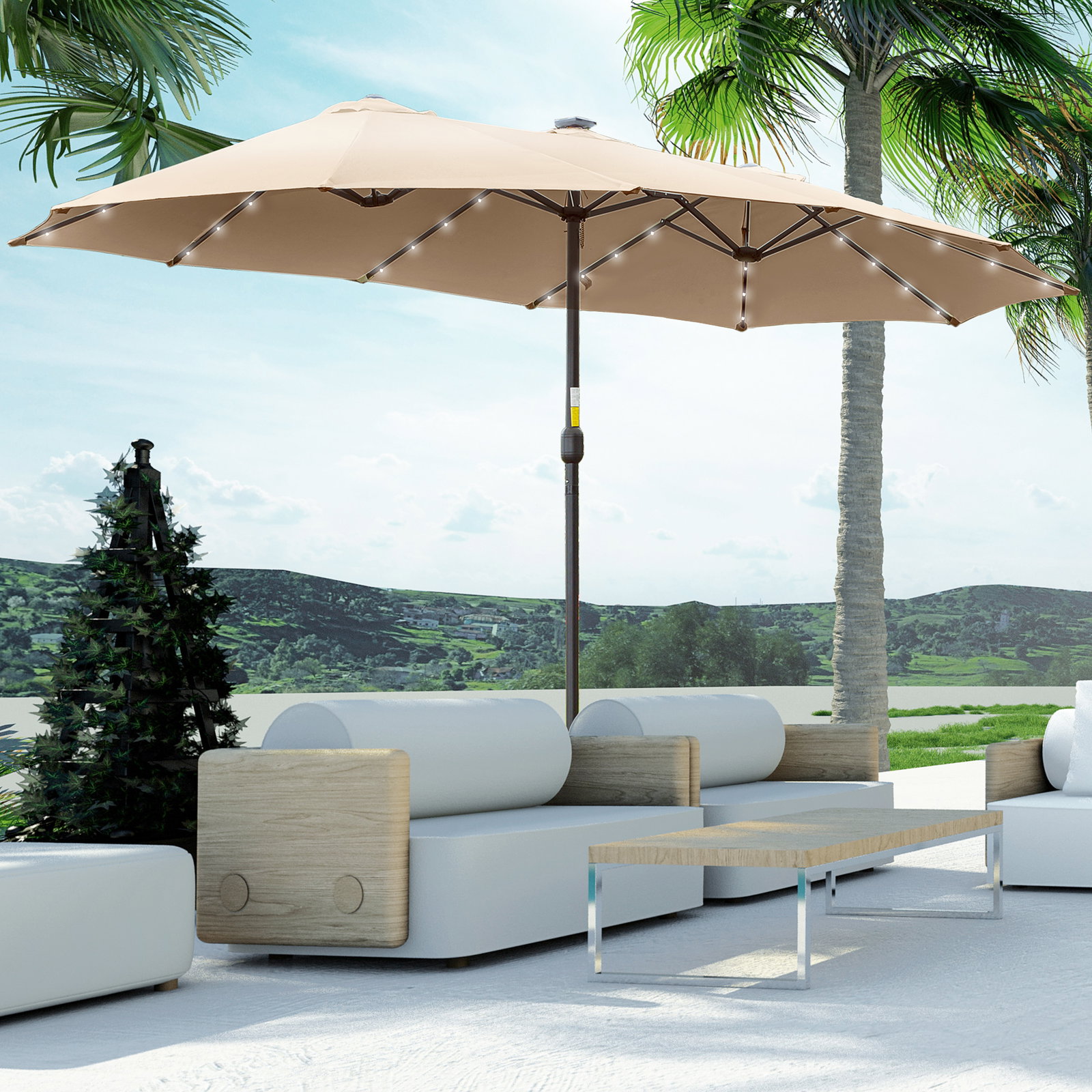 Chapéu de sol duplo com 48 luzes LED, 4,5x2,7 m, chapéu de sol para terraço exterior com manivela manual, resistente à água e com proteção solar, guarda-sol para jardim, terraço, pátio e piscina, cor caqui