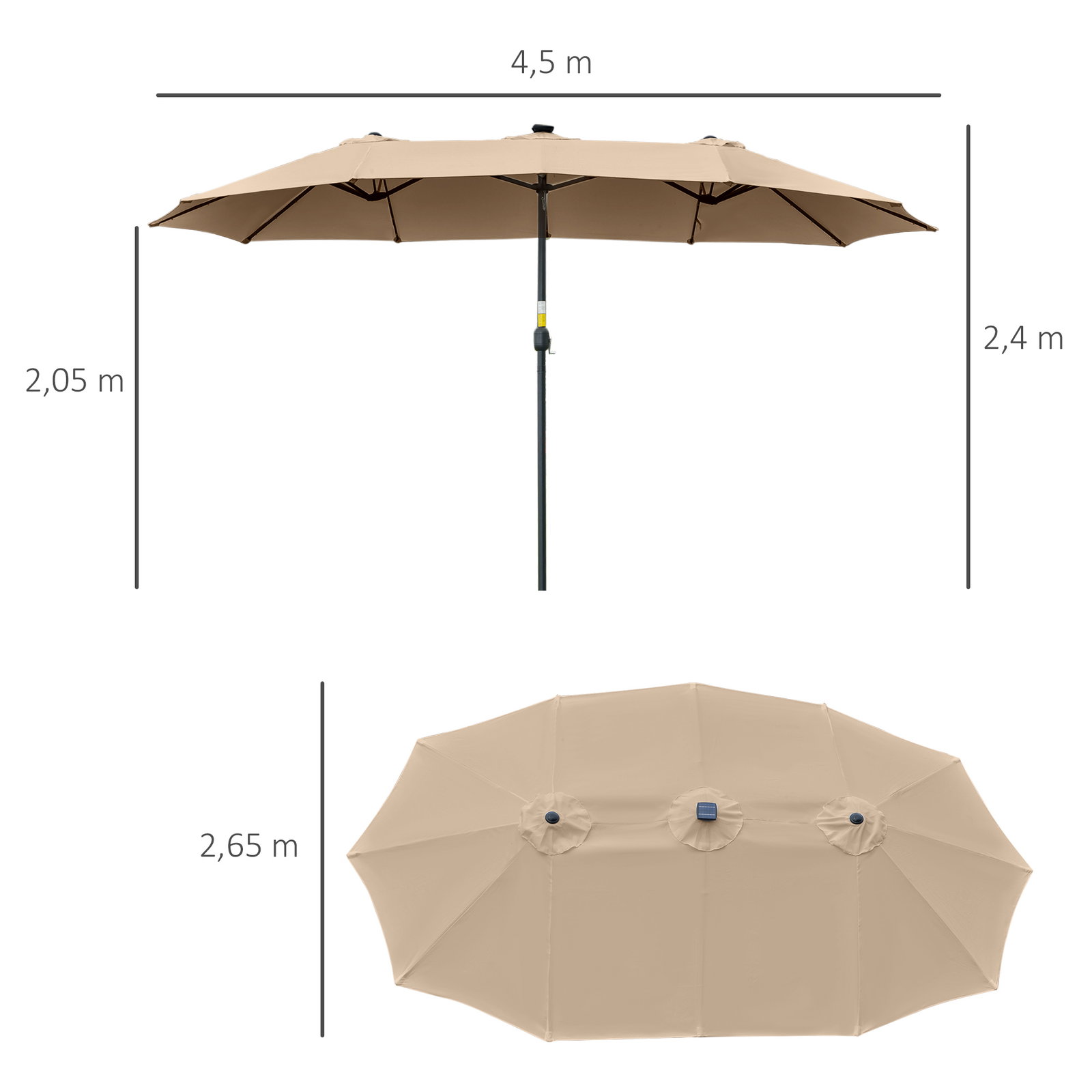 Chapéu de sol duplo com 48 luzes LED, 4,5x2,7 m, chapéu de sol para terraço exterior com manivela manual, resistente à água e com proteção solar, guarda-sol para jardim, terraço, pátio e piscina, cor caqui