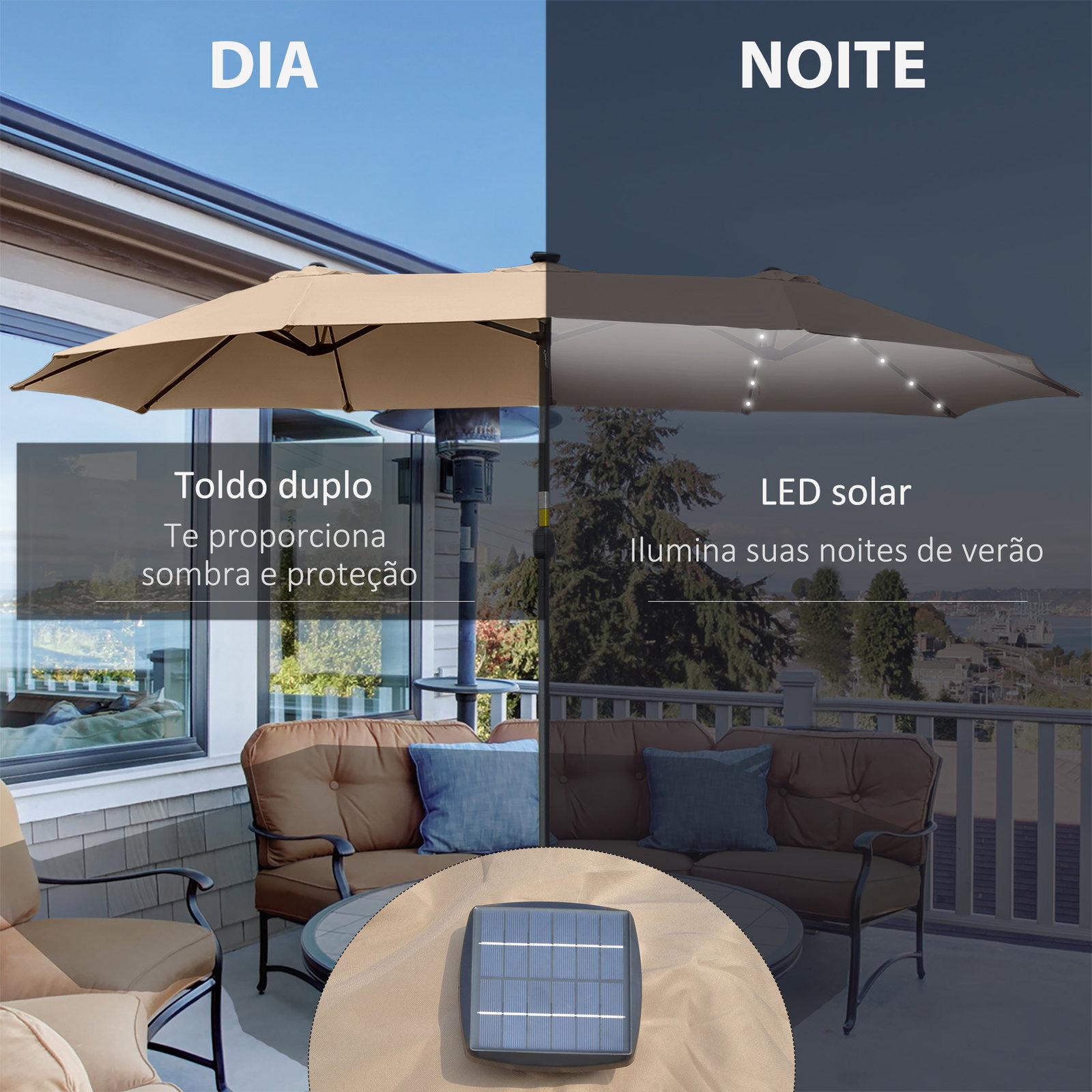 Chapéu de sol duplo com 48 luzes LED, 4,5x2,7 m, chapéu de sol para terraço exterior com manivela manual, resistente à água e com proteção solar, guarda-sol para jardim, terraço, pátio e piscina, cor caqui