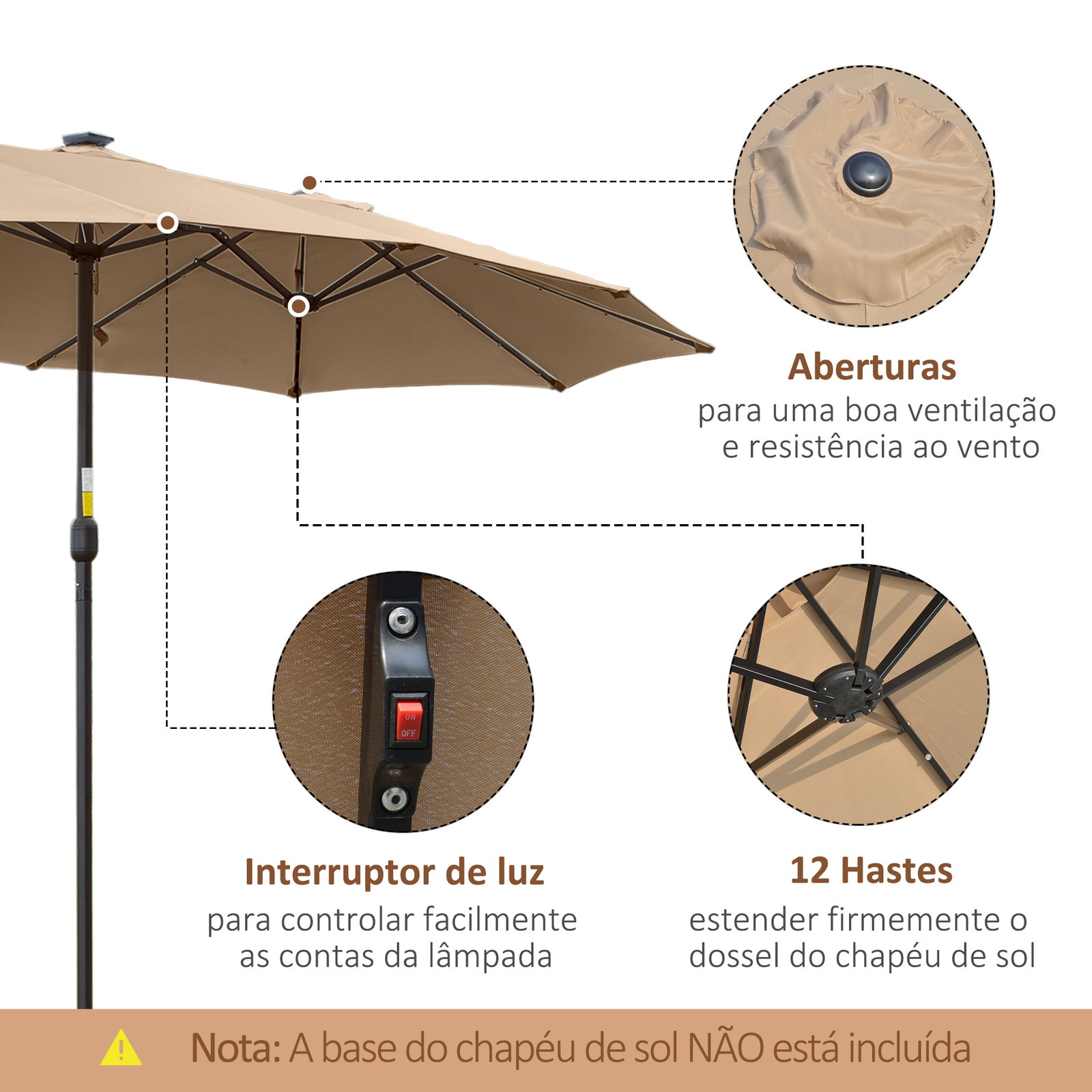 Chapéu de sol duplo com 48 luzes LED, 4,5x2,7 m, chapéu de sol para terraço exterior com manivela manual, resistente à água e com proteção solar, guarda-sol para jardim, terraço, pátio e piscina, cor caqui