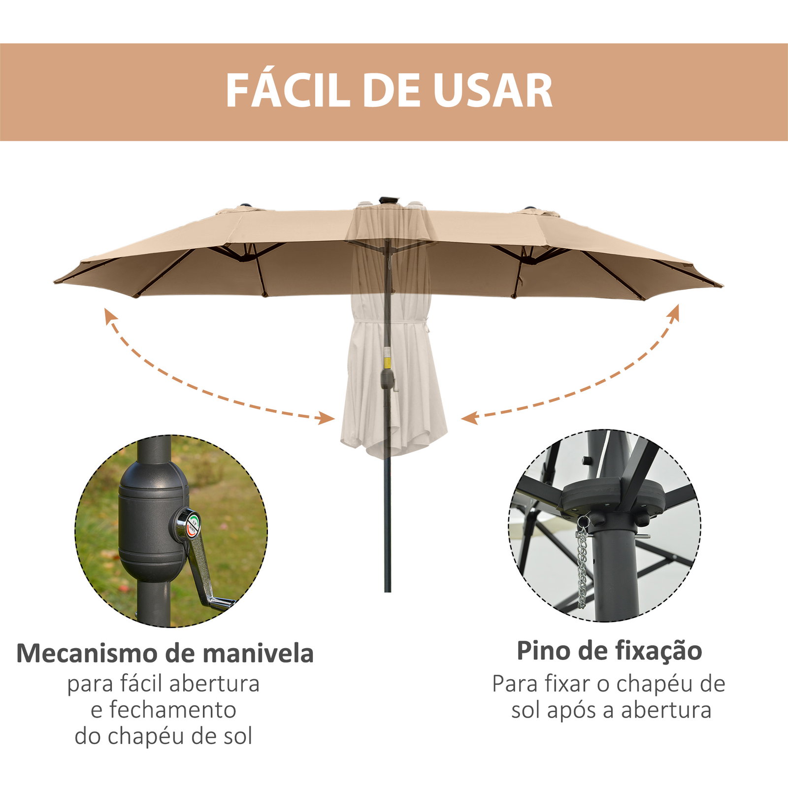 Chapéu de sol duplo com 48 luzes LED, 4,5x2,7 m, chapéu de sol para terraço exterior com manivela manual, resistente à água e com proteção solar, guarda-sol para jardim, terraço, pátio e piscina, cor caqui