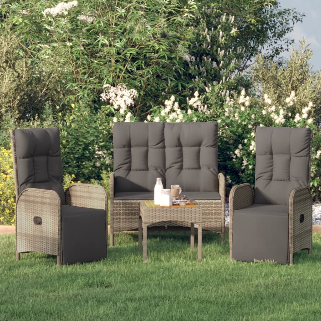 3 Pcs conjunto de jantar p/ jardim c/ almofadões vime PE cinza