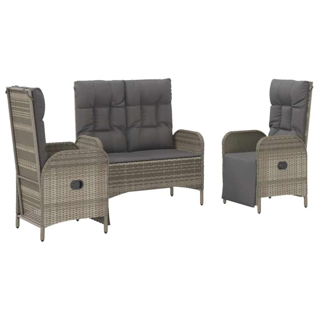 3 Pcs conjunto de jantar p/ jardim c/ almofadões vime PE cinza