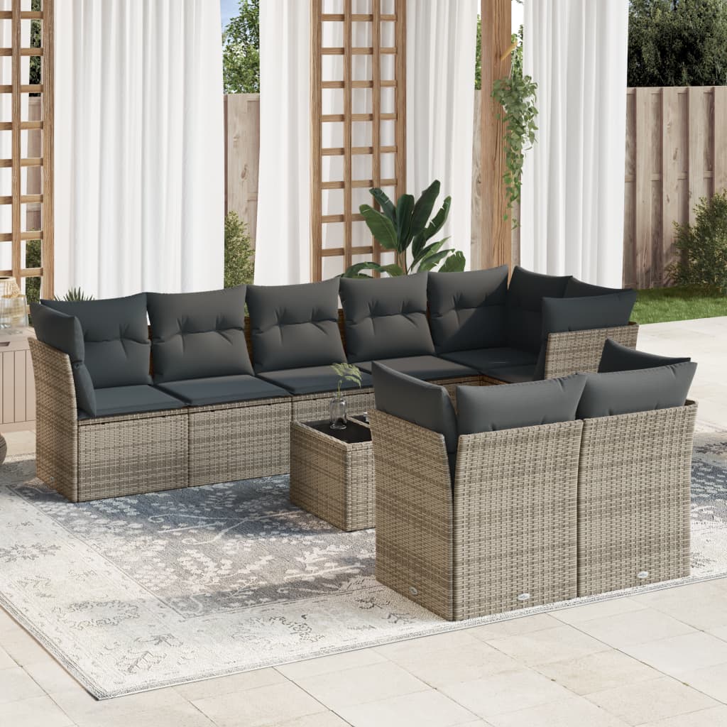 9 Pcs conjunto sofás p/ jardim com almofadões vime PE cinzento